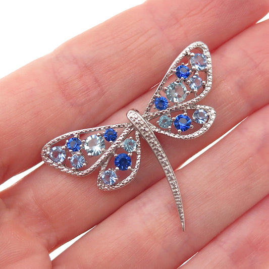 Sai 925 Sterling Silver Round-Cut Blue & White C Z Dragonfly Slide Charm Pendant
