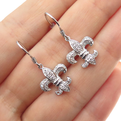 925 Sterling Silver Round-Cut C Z Fleur de Lis Dangle Earrings
