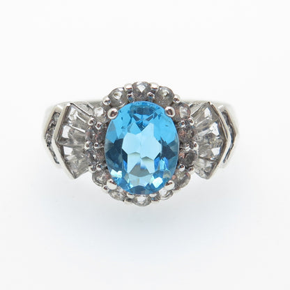 925 Sterling Silver Real Diamond Swiss Blue & White Topaz Ring Size 7