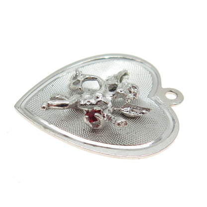 925 Sterling Silver Vintage Red Rhinestone Cupid Angel Heart Love Pendant