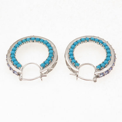 Chuck Clemency 925 Sterling Silver Real Turquoise & Tanzanite Hoop Earrings