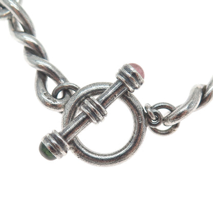 925 Sterling Silver Vintage Real Green & Pink Tourmaline Twisted Bracelet 6.75"
