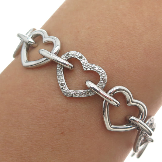 925 Sterling Silver Real Round-Cut Diamond Heart Link Bracelet 6.5"