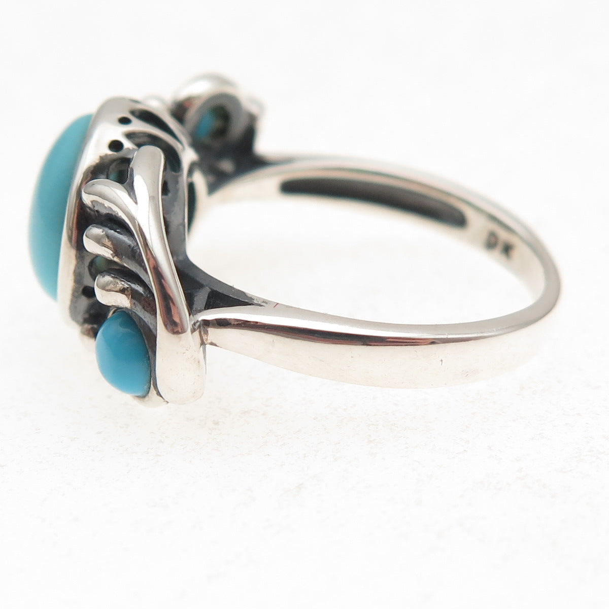 925 Sterling Silver Real Sleeping Beauty Turquoise Floral Oxidized Ring Size 8