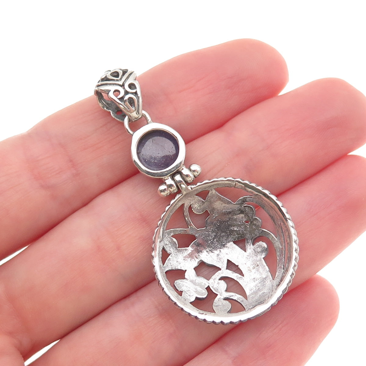 925 Sterling Silver Vintage Real Iolite Butterfly Floral Oxidized Charm Pendant