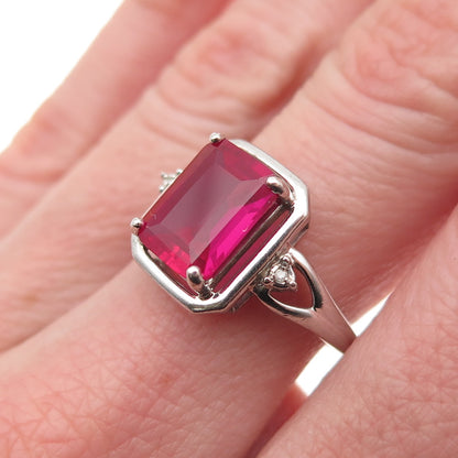 925 Sterling Silver Real Diamond & Lab-Created Ruby Ring Size 7.25