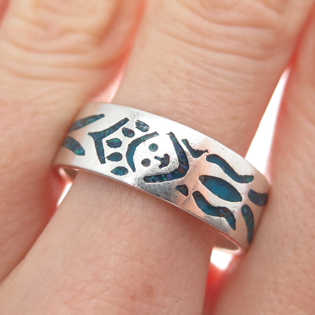 925 Sterling Silver Vintage Real Turquoise Inlay Skull Oxidized Ring Size 11.25