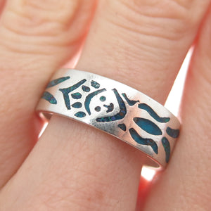 925 Sterling Silver Vintage Real Turquoise Inlay Skull Oxidized Ring Size 11.25