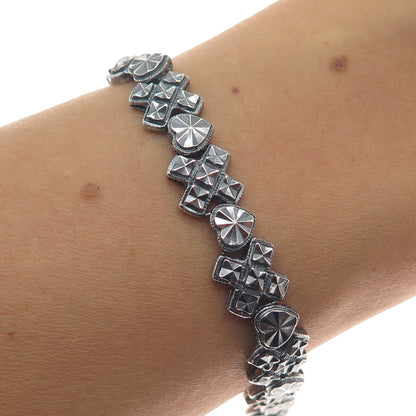 BEVERLY HILLS 925 Sterling Silver Vintage Diamond-Cut Heart Oxidized Bracelet 7"