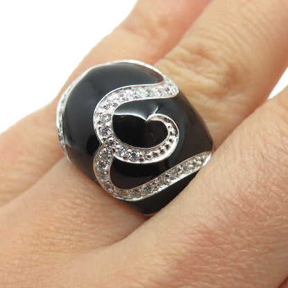 925 Sterling Silver Round-Cut Shaped C Z & Black Enamel Swirl Dome Ring Size 6
