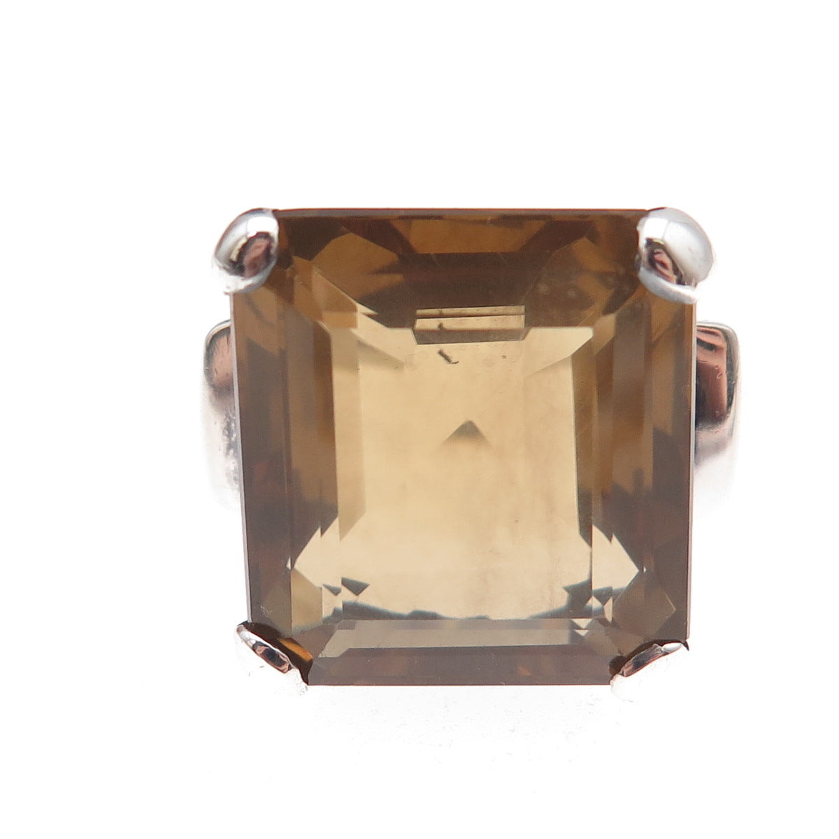 950 Silver Vintage Real Emerald-Cut Smoky Quartz Oxidized Ring Size 7