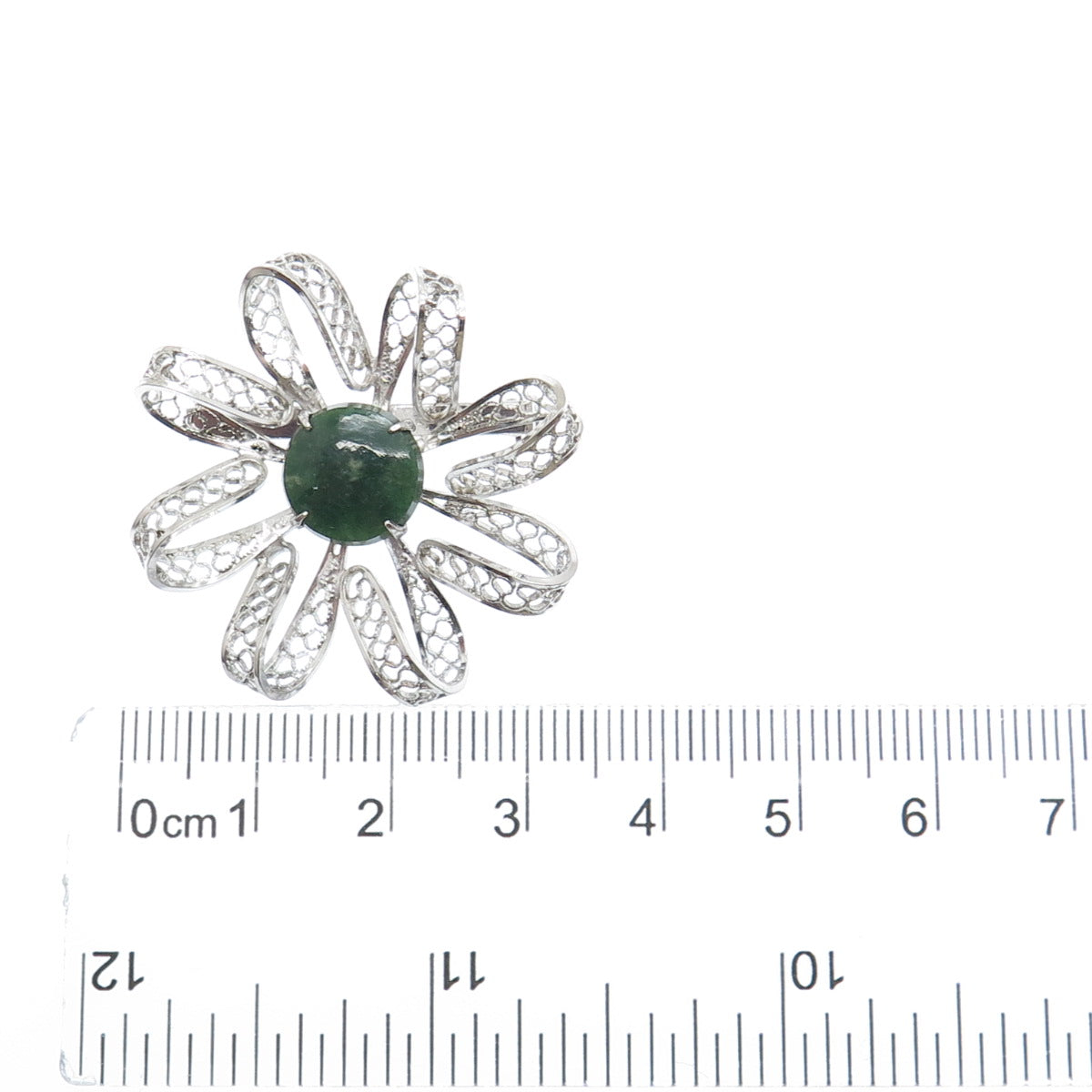 SORRENTO 925 Sterling Silver Vintage Real Jade Filigree Flower Pin Brooch
