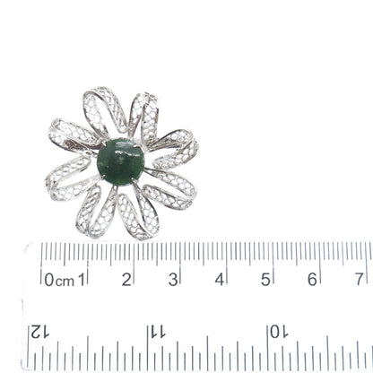 SORRENTO 925 Sterling Silver Vintage Real Jade Filigree Flower Pin Brooch