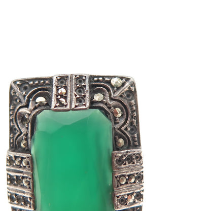 925 Sterling Antique Green Onyx & Marcasite Ring Size 7.75 (missing 25 stones)