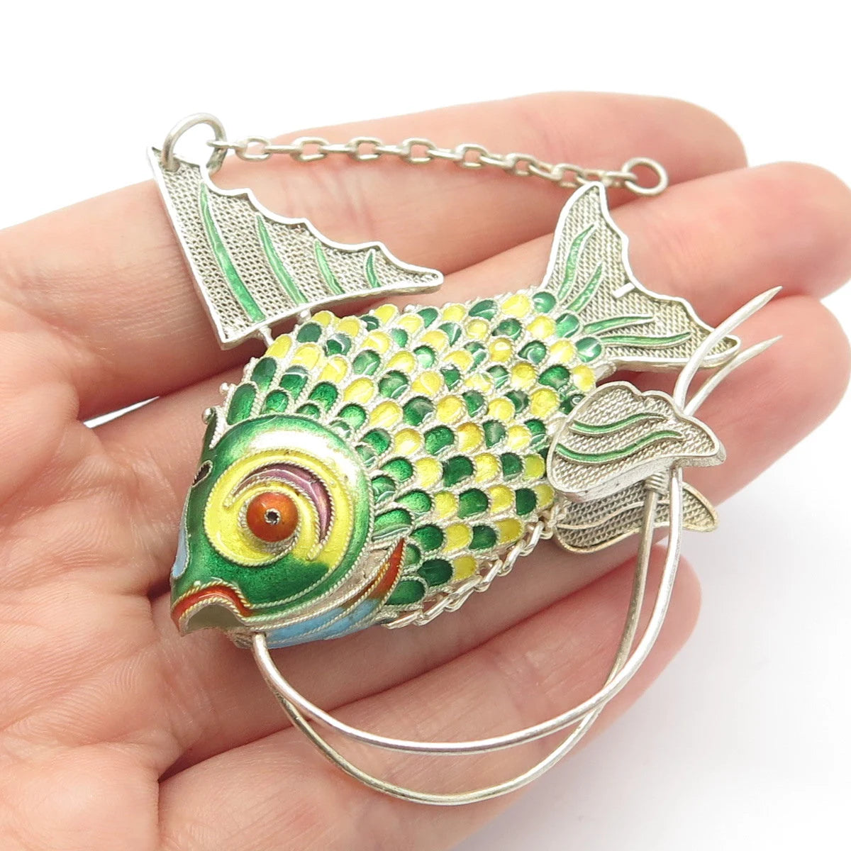 925 Sterling Silver Enamel Antique Chinese Fish Articulated Chatelaine Fob