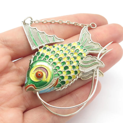 925 Sterling Silver Enamel Antique Chinese Fish Articulated Chatelaine Fob
