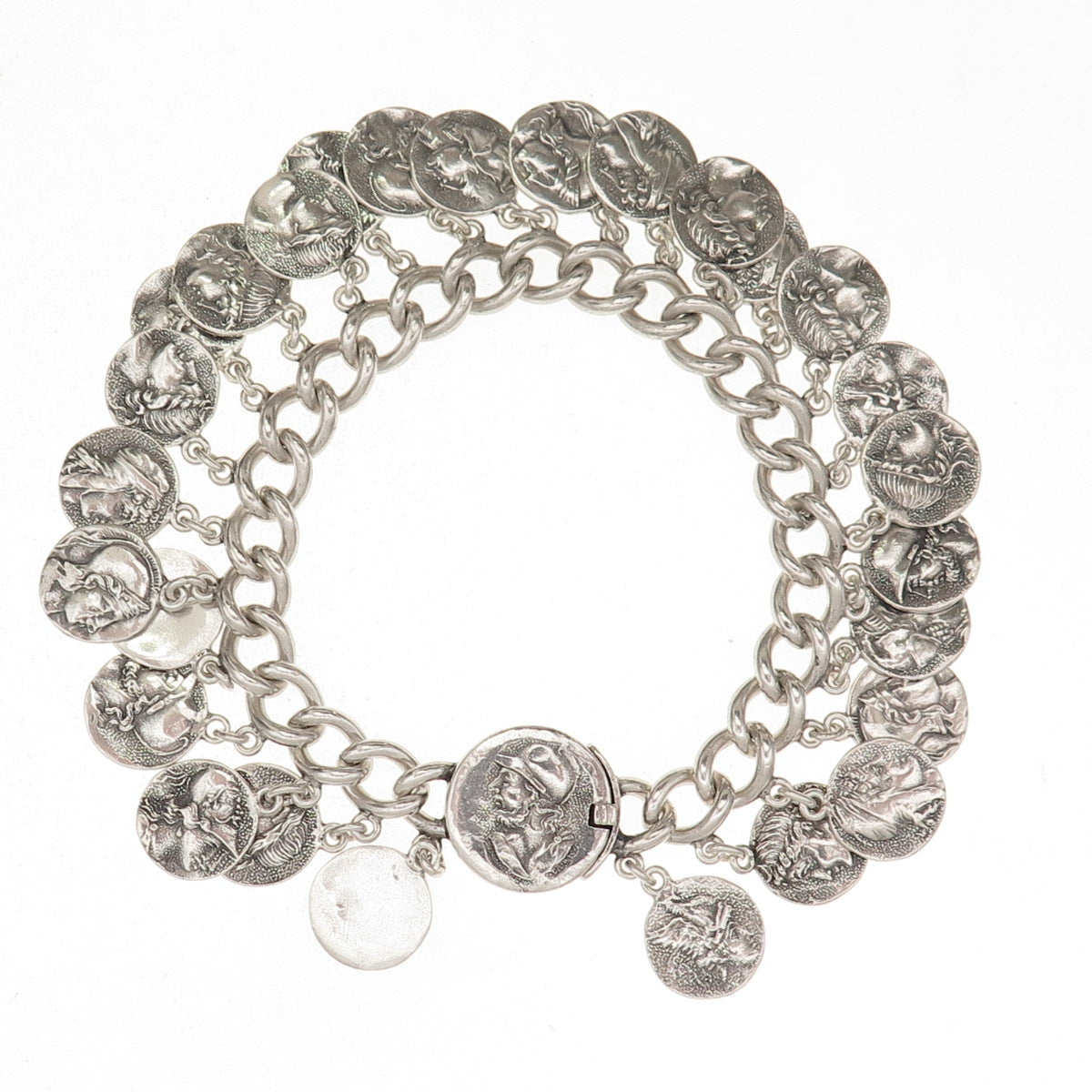925 Sterling Silver Antique Art Deco Roman Coin Cha Cha Charm Bracelet 7" #1156