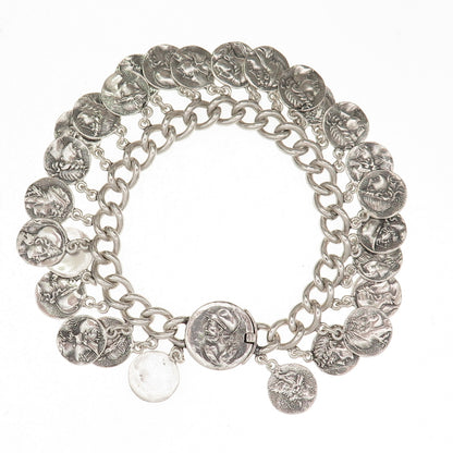 925 Sterling Silver Antique Art Deco Roman Coin Cha Cha Charm Bracelet 7" #1156