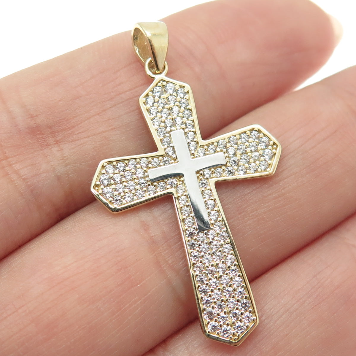 14K Yellow Gold Round-Cut C Z Cross Religious Charm Pendant