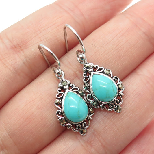 925 Sterling Silver Vintage Real Turquoise & Marcasite Gem Dangle Hook Earrings