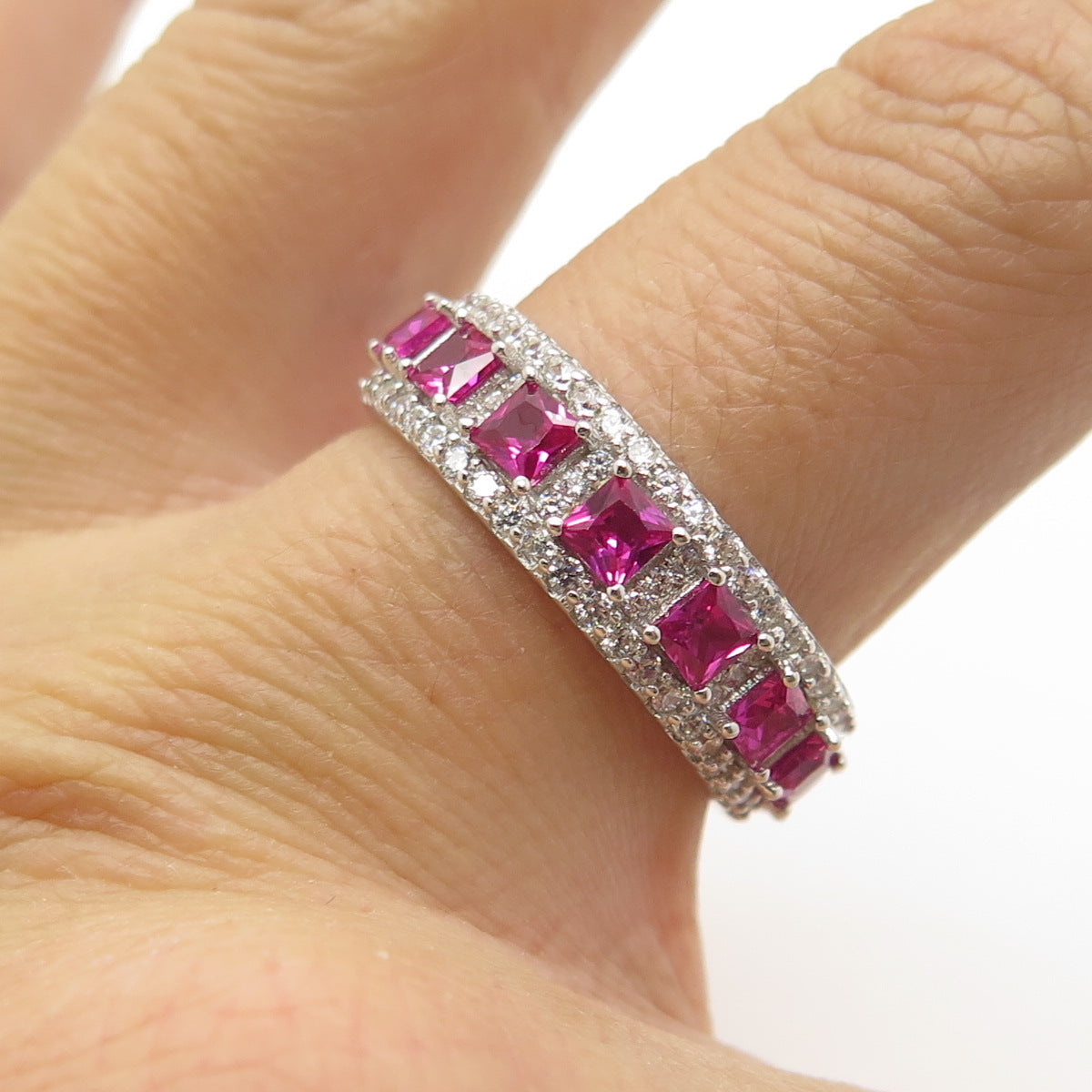 925 Sterling Silver Lab-Created Pink Sapphire & C Z Band Ring Size 9.25