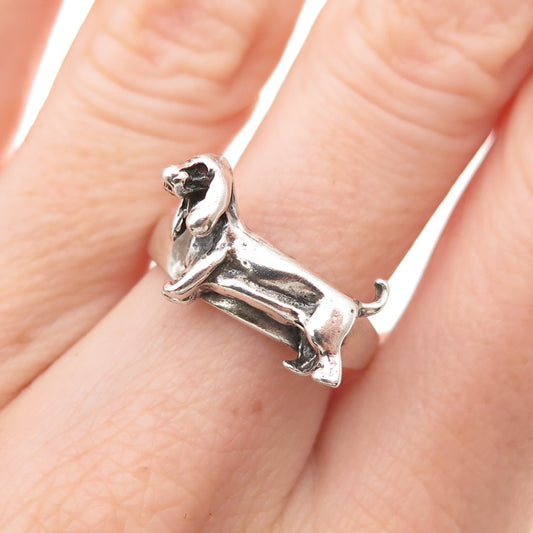 925 Sterling Silver Vintage Basset Hound Dog Oxidized Ring Size 7.5