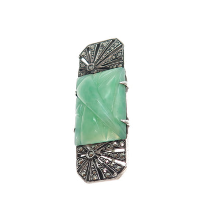 925 Sterling Silver Antique Faux Jade & Real Marcasite Oxidized Pin Brooch