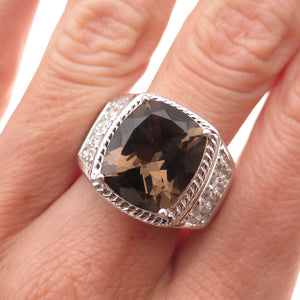 925 Sterling Silver Vintage Real Smoky Quartz & White Topaz Ring Size 7.25