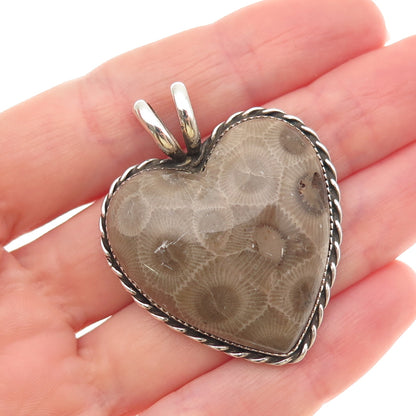 925 Sterling Silver Vintage WT Artisan Real Fossil Heart Heavy 21.7g Pendant