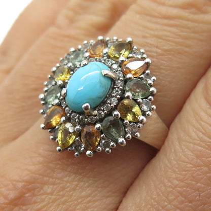 CHUCK CLEMENCY 925 Sterling Silver Real Turquoise Multi-Sapphire C Z Ring Size 8