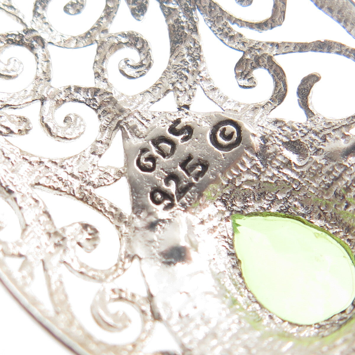 925 Sterling Silver Vintage GDS Real Pear-Cut Peridot Teardrop Ornate Pendant