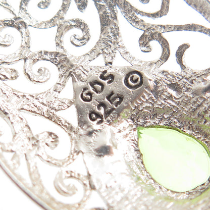 925 Sterling Silver Vintage GDS Real Pear-Cut Peridot Teardrop Ornate Pendant