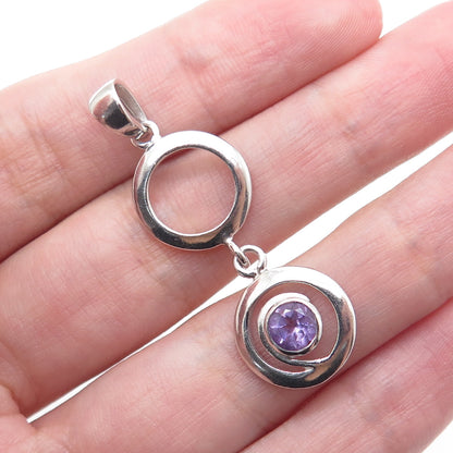 925 Sterling Silver Vintage Real Round-Cut Amethyst Circle Drop Charm Pendant