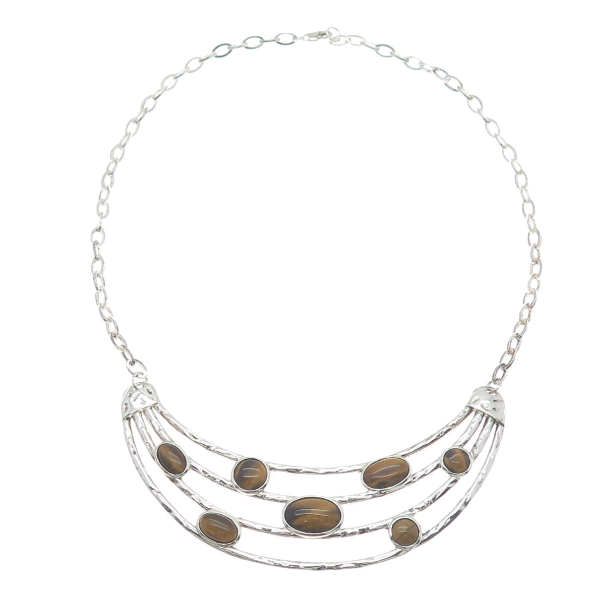 925 Sterling Silver Vintage Real Tiger Eye Modernist Crescent Chain Necklace 18"