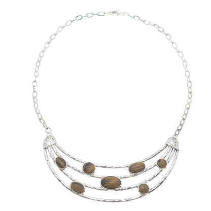 925 Sterling Silver Vintage Real Tiger Eye Modernist Crescent Chain Necklace 18"