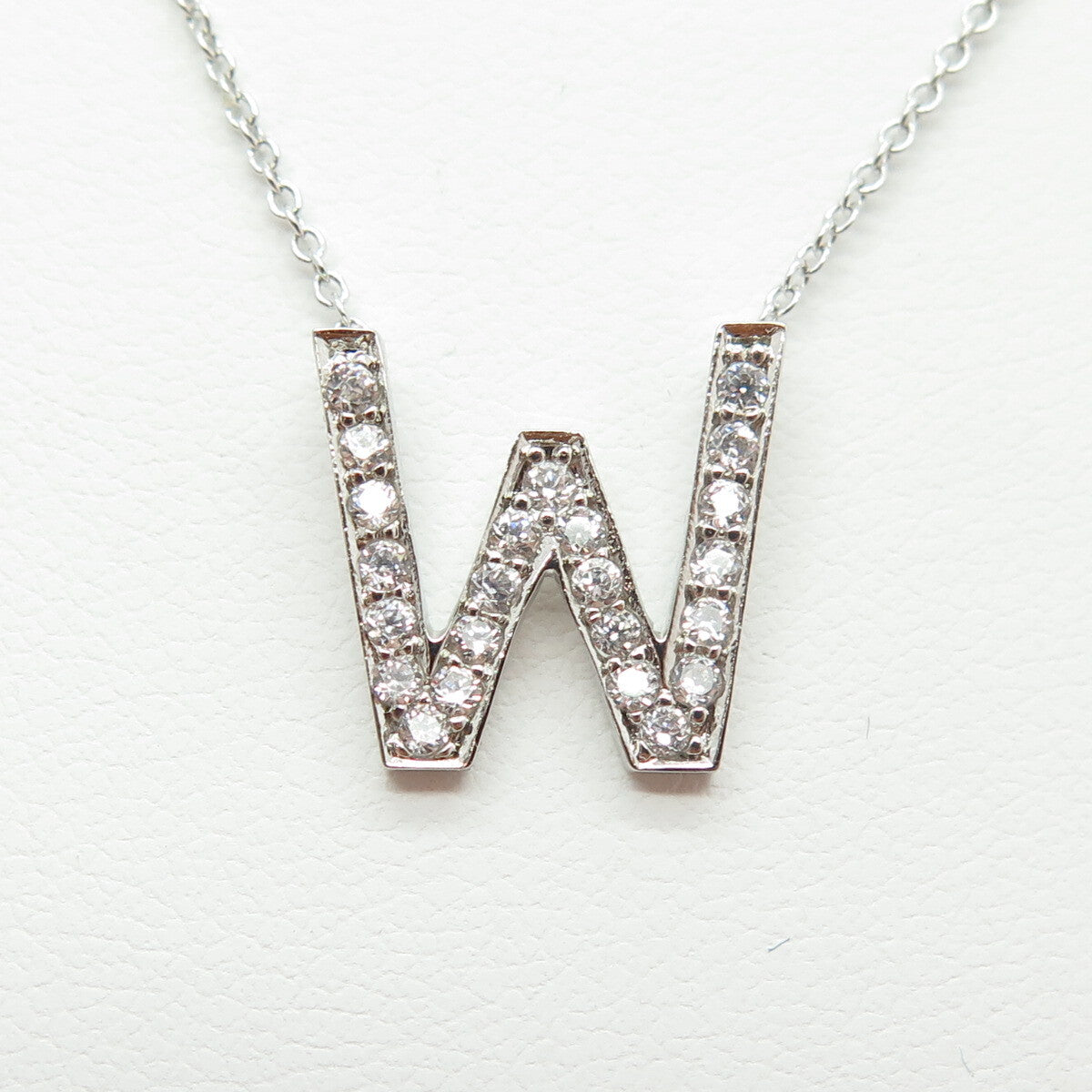 925 Sterling Silver C Z Letter "W" Initial Rolo Chain Necklace 16-18"