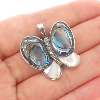 925 Sterling Silver Vintage Real Abalone Shell MOP C Z Butterfly Brooch Pendant