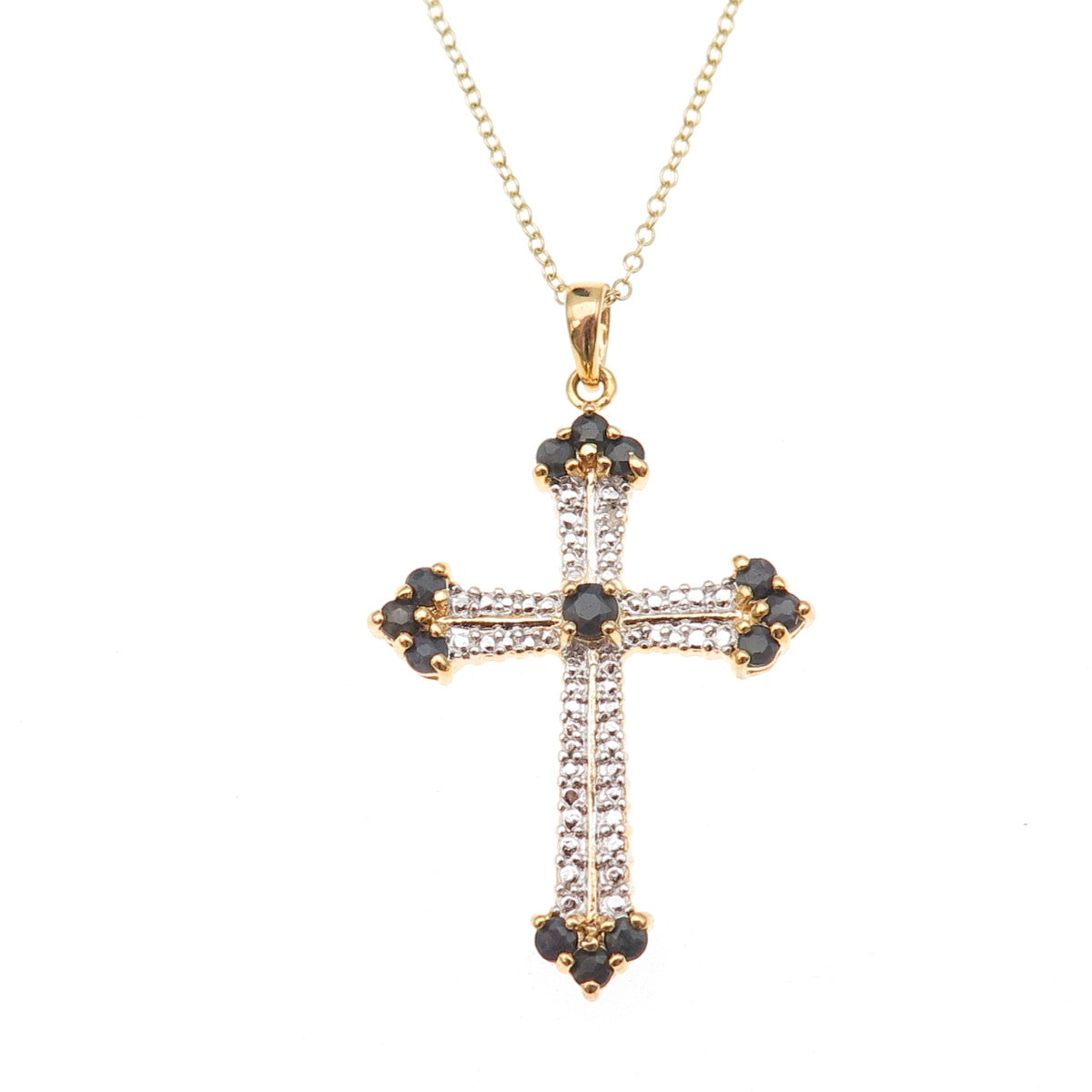 Ross Simons Sterling Gold Plated Real Diamond Accent Sapphire Cross Necklace 18"