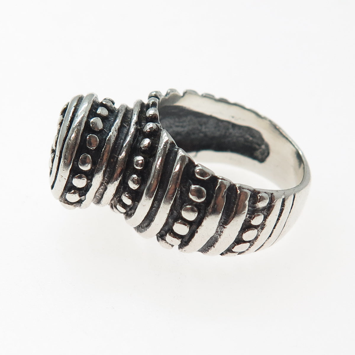 925 Sterling Silver Vintage Mexico Modernist Dotted Spiral Oxidized Ring Size 6