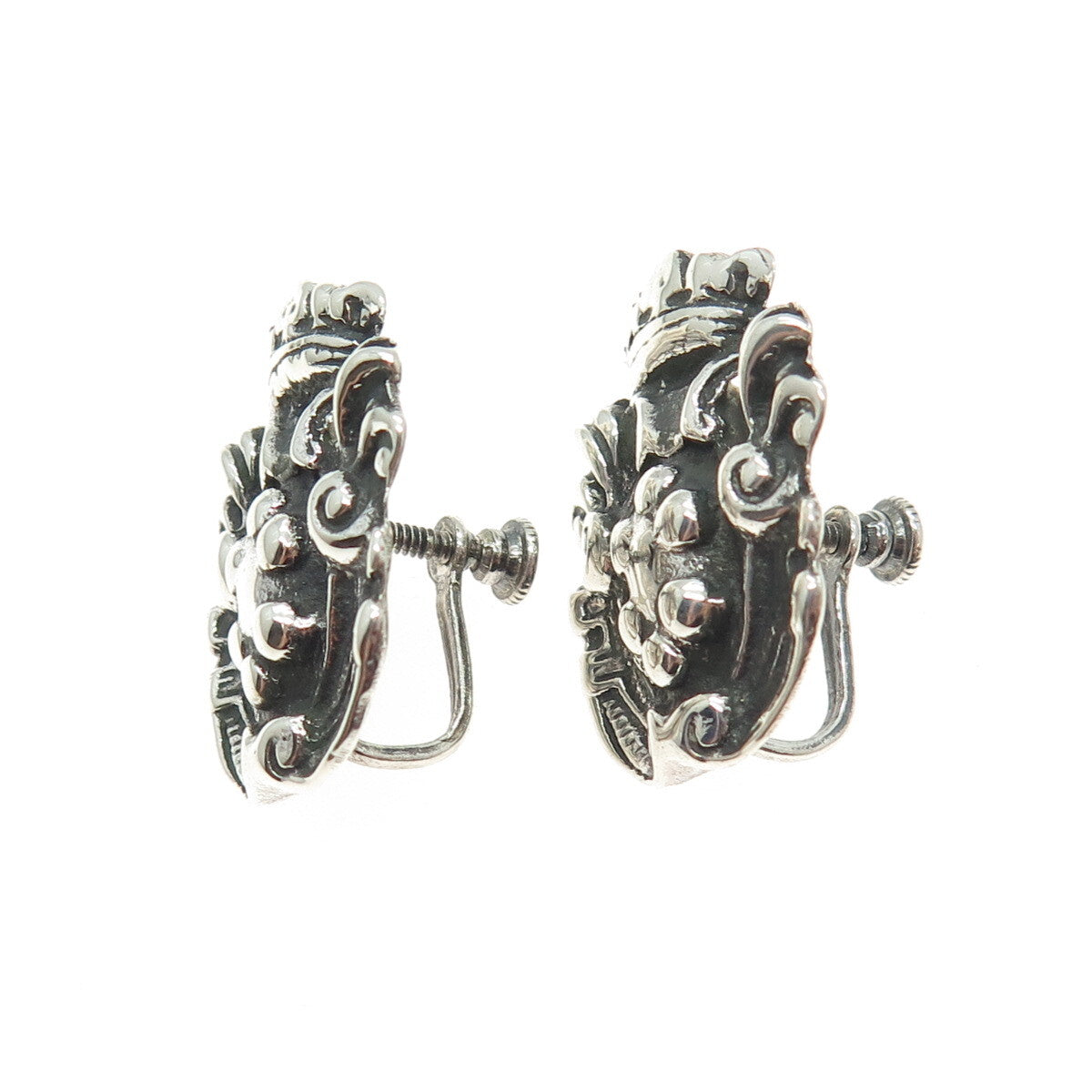 925 Sterling Silver Antique Art Deco Crown Shield Heraldic Screw Back Earrings