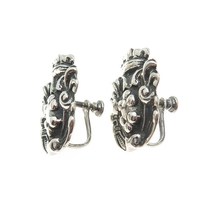 925 Sterling Silver Antique Art Deco Crown Shield Heraldic Screw Back Earrings