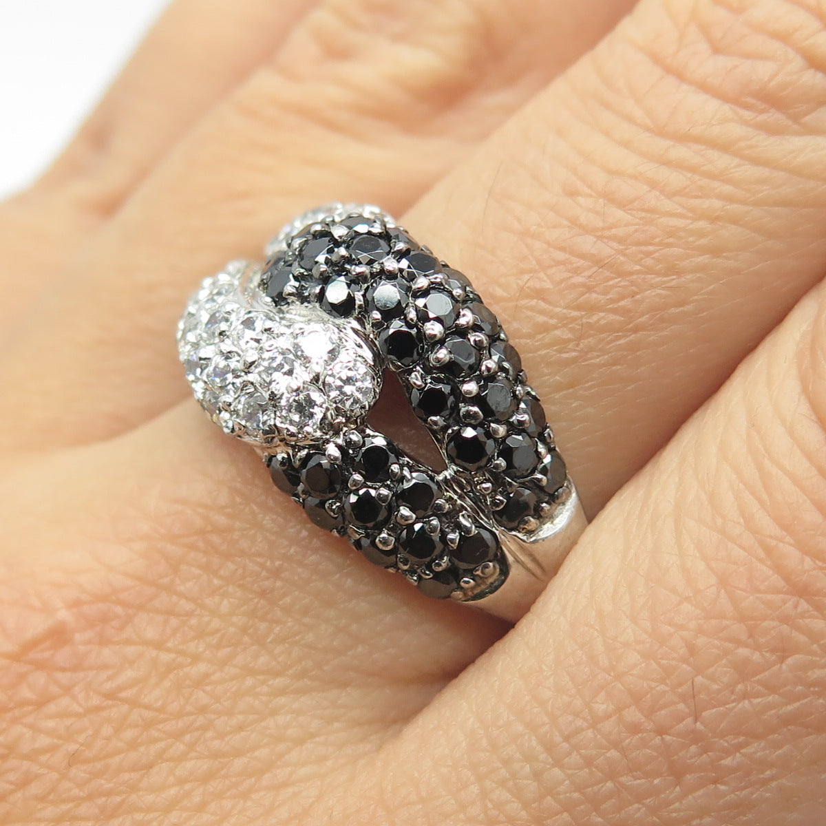 925 Sterling Silver Real Black Spinel Gemstone & C Z Ring Size 9.5