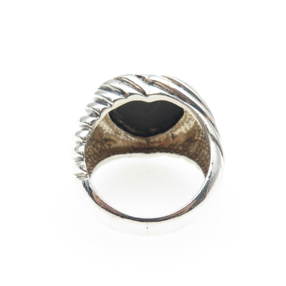 925 Sterling Silver Vintage Real Black Onyx Heart Oxidized Ring Size 6.25
