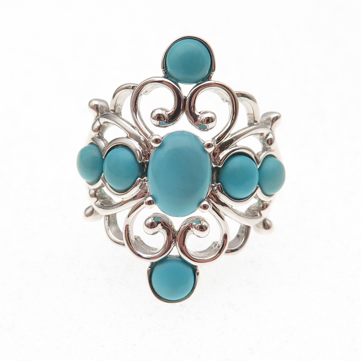 925 Sterling Silver Real Sleeping Beauty Turquoise Floral Cross Ring Size 8.25