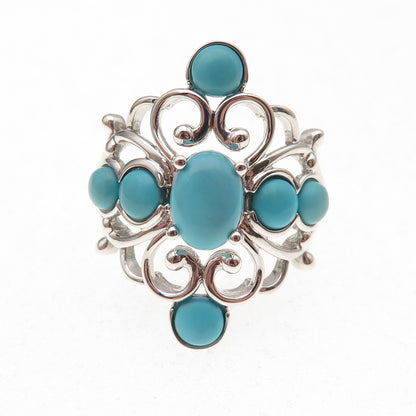 925 Sterling Silver Real Sleeping Beauty Turquoise Floral Cross Ring Size 8.25