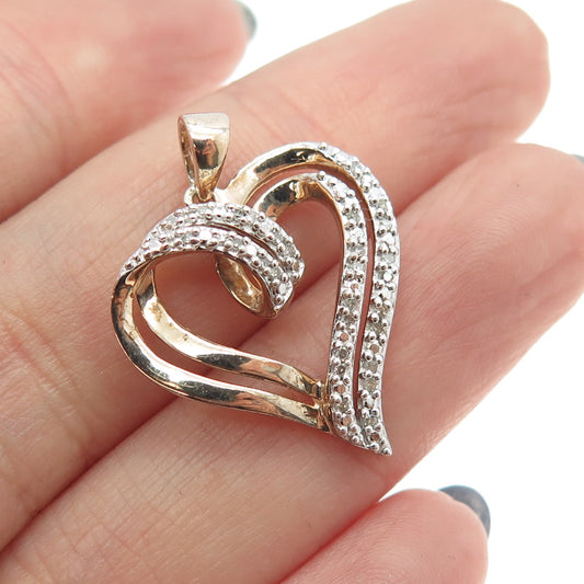 SUN 925 Sterling Silver Rose Gold Plated Real Round-Cut Diamond Heart Pendant