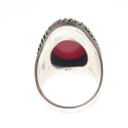 925 Sterling Silver Vintage Real Rhodonite Roped Oxidized Ring Size 8.75