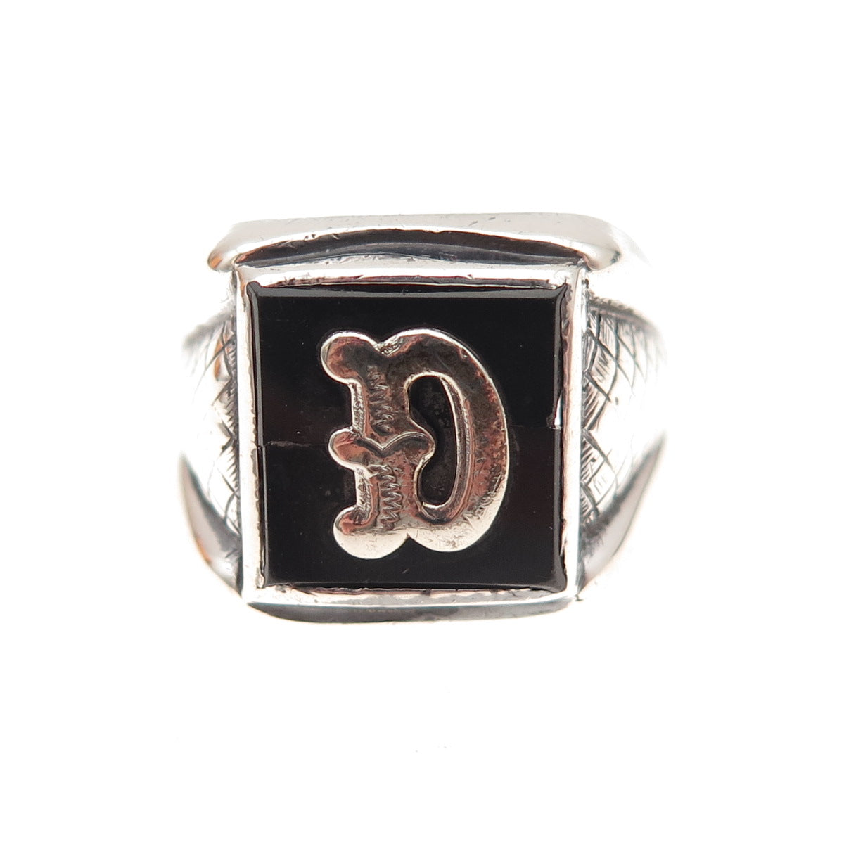 925 Sterling Silver Antique Art Deco Real Black Onyx Letter D Ring Size 8.25