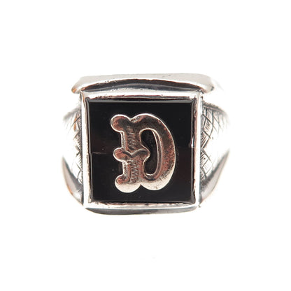 925 Sterling Silver Antique Art Deco Real Black Onyx Letter D Ring Size 8.25