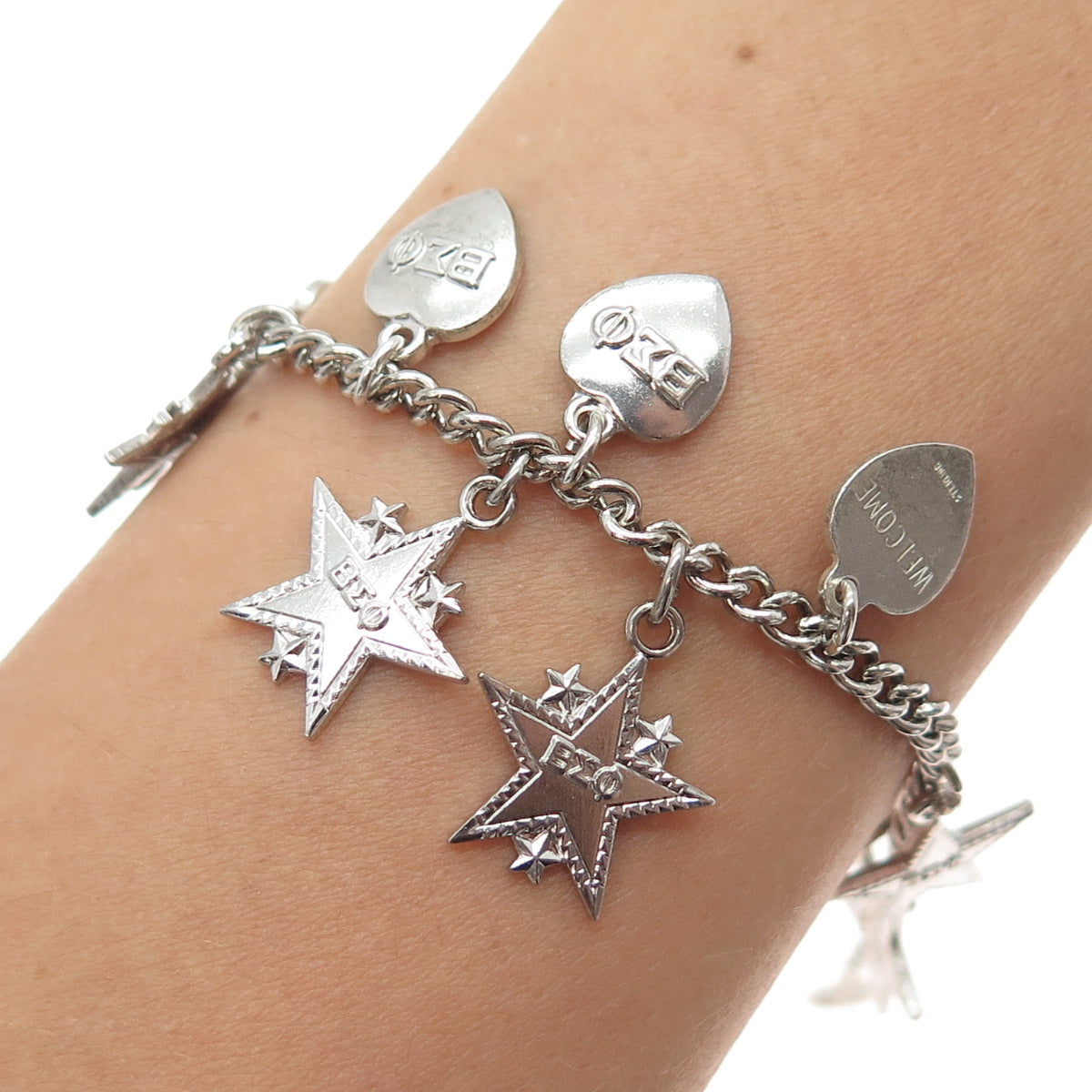 925 Sterling Silver Vintage 1951-63 Beta Sigma Phi Sorority Charms Bracelet 6.5"